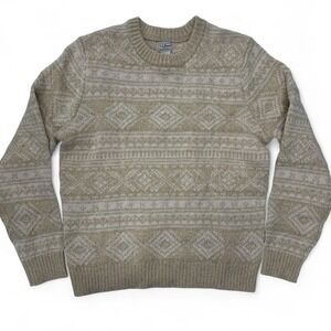LL Bean Mens Tan Fair Isle Geometric Knit Sweater Lambswool‎ Large Crewneck Wool